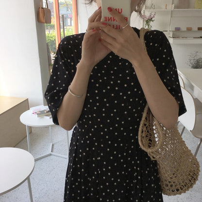 Polka Dot Slim Waist Bandage Long Dress Female Vintage Vestidos with Belt Sundress