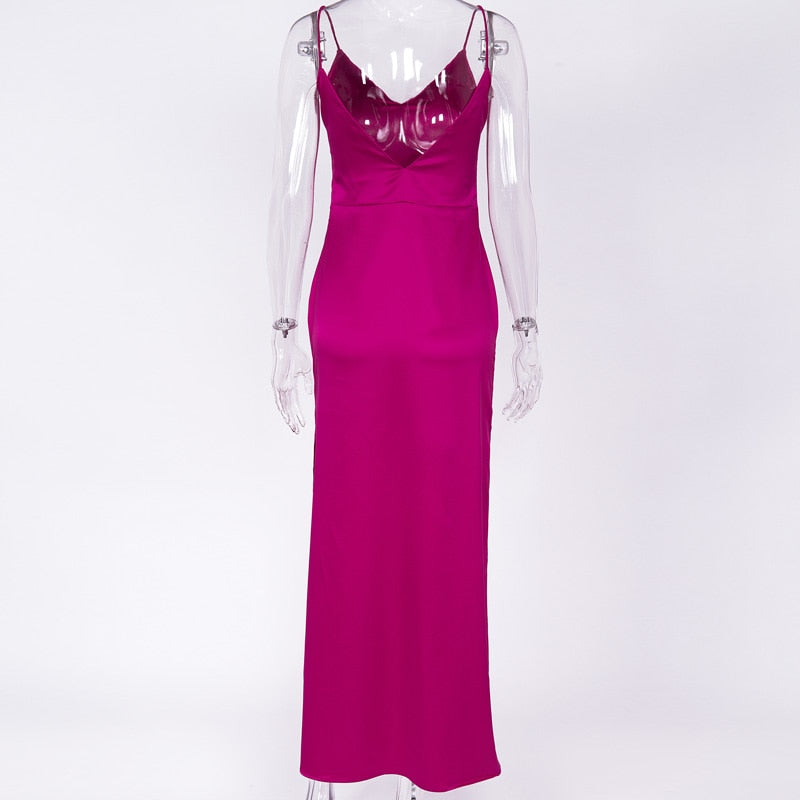 Satin V Neck Maxi Dress Women Spaghetti Strap Sleeveless Backless Side Split Long Dresses Lady Vestido