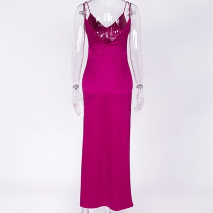 Satin V Neck Maxi Dress Women Spaghetti Strap Sleeveless Backless Side Split Long Dresses Lady Vestido