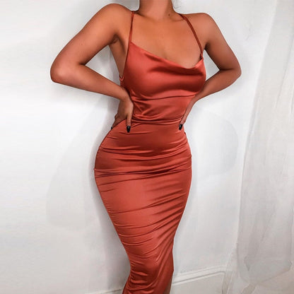 neon satin lace up 2022 summer women bodycon long midi dress sleeveless backless elegant party