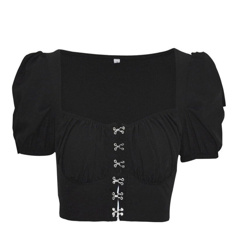 Women clothes Ladies Button Square Neck Tops Short Sleeve square collar pullover T-shirts