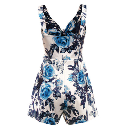 Female Sexy Playsuit print sexy V-neck short jumpsuit women loose casual beach romper