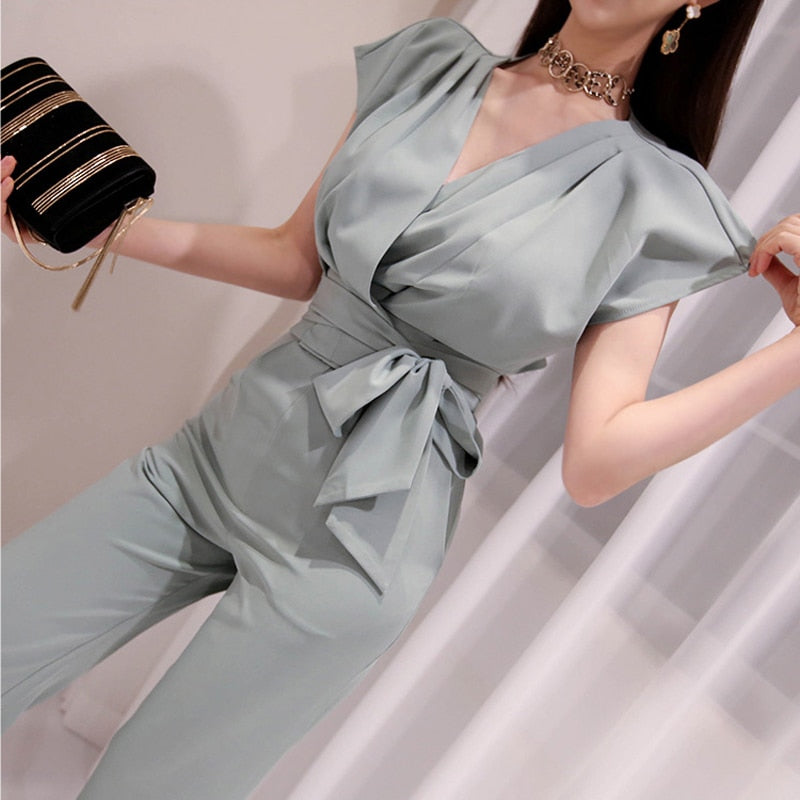 2 Pieces Set Women V-neck Lace Up Tops &amp; High Waist Wide Leg Pants OL Style