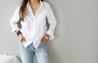 S-3XL Spring One Pocket Women White Blouse Female Shirt Tops Long Sleeve