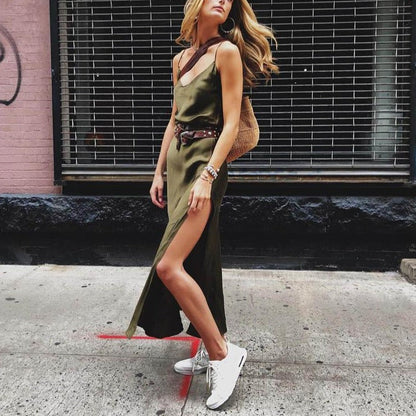 Satin V Neck Maxi Dress Women Spaghetti Strap Sleeveless Backless Side Split Long Dresses Lady Vestido