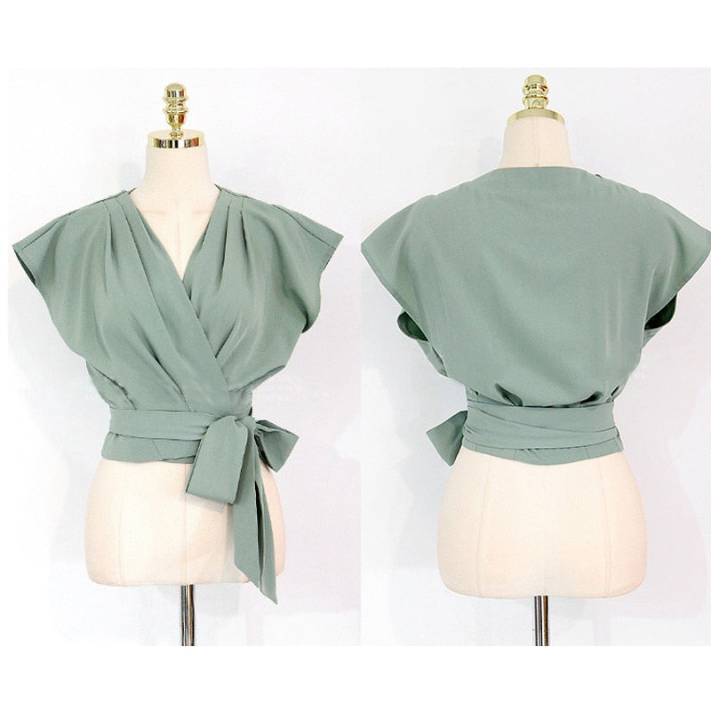 2 Pieces Set Women V-neck Lace Up Tops &amp; High Waist Wide Leg Pants OL Style