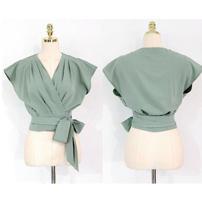 2 Pieces Set Women V-neck Lace Up Tops &amp; High Waist Wide Leg Pants OL Style