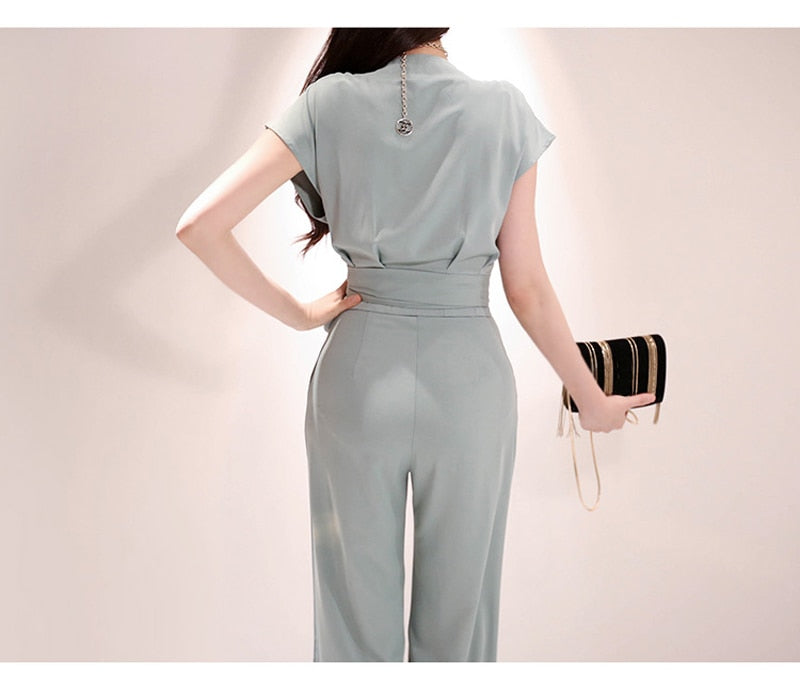 2 Pieces Set Women V-neck Lace Up Tops &amp; High Waist Wide Leg Pants OL Style