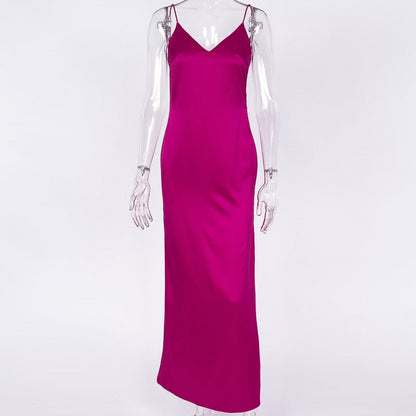 Satin V Neck Maxi Dress Women Spaghetti Strap Sleeveless Backless Side Split Long Dresses Lady Vestido