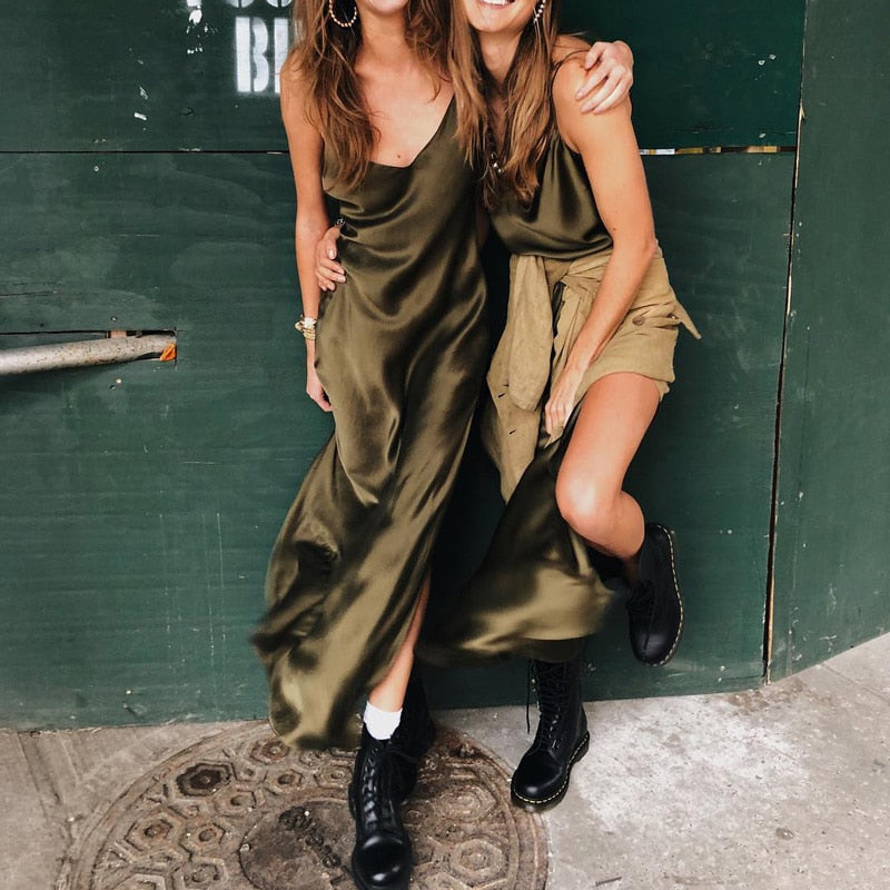 Satin V Neck Maxi Dress Women Spaghetti Strap Sleeveless Backless Side Split Long Dresses Lady Vestido