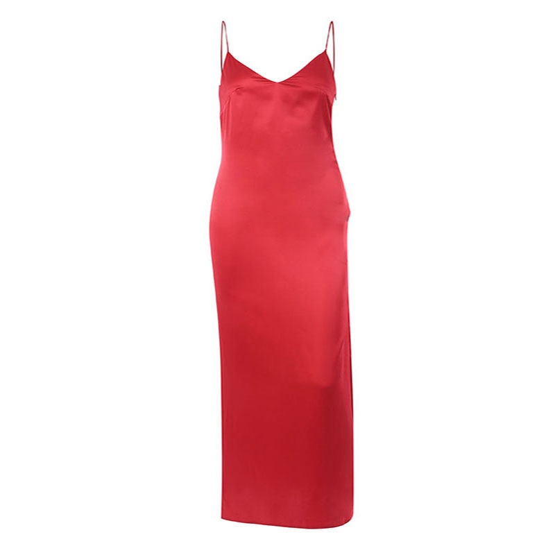 Satin V Neck Maxi Dress Women Spaghetti Strap Sleeveless Backless Side Split Long Dresses Lady Vestido