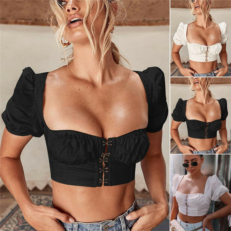 Women clothes Ladies Button Square Neck Tops Short Sleeve square collar pullover T-shirts