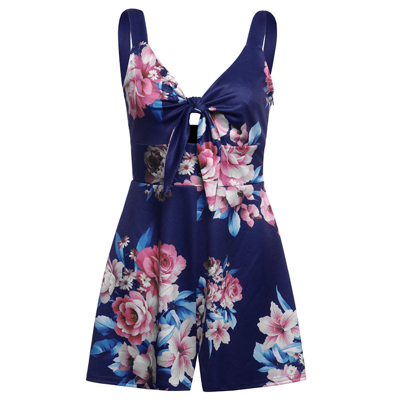 Female Sexy Playsuit print sexy V-neck short jumpsuit women loose casual beach romper