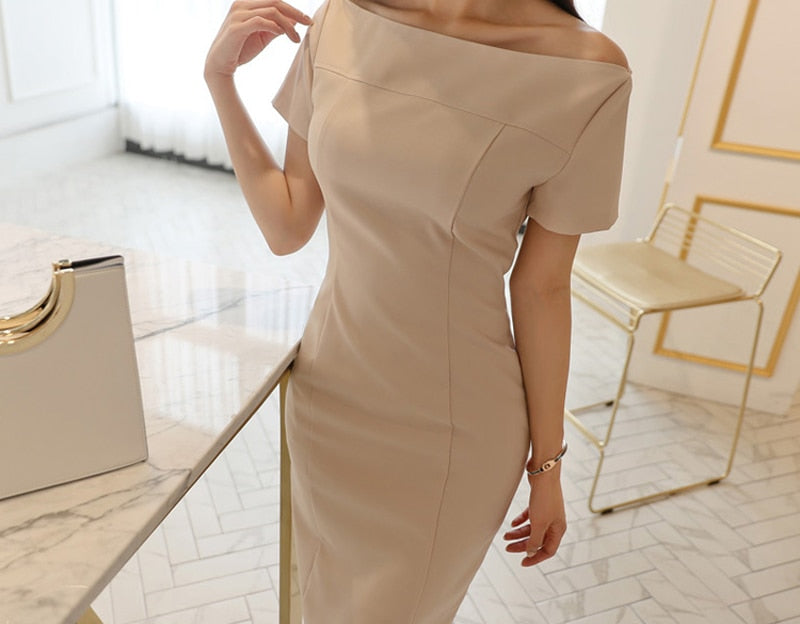 Brief Style Slash-neck Sleeveless Office Ladies Dress Elegant Midi Pencil Dresses