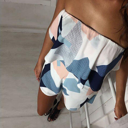 Floral Print Ruffles Strapless Rompers Summer Pleated Chest Wrapped Playsuits Womens Jumpsuit