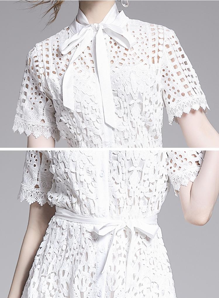 Lace Hollow Out Stand Collar Short Sleeve Dress High Waist Mid-calf Dress