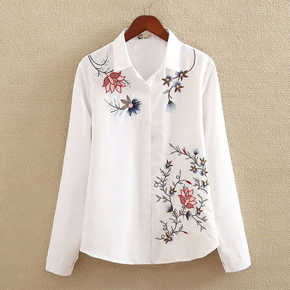 Floral Embroidered Blouse Shirt Women Slim White Tops Long Sleeve Blouses plus size