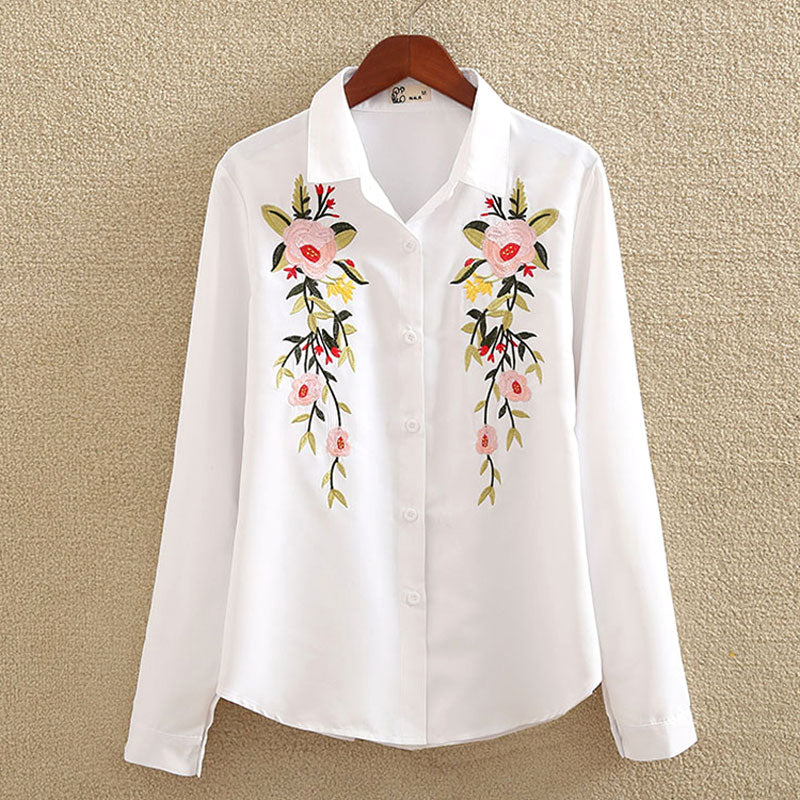 Floral Embroidered Blouse Shirt Women Slim White Tops Long Sleeve Blouses plus size