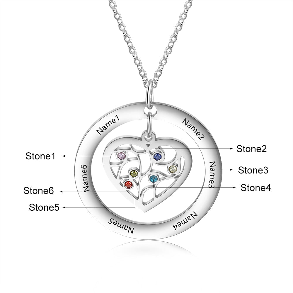 Tree of Life Name Necklace with Birthstone Name Engraved Pendant Family