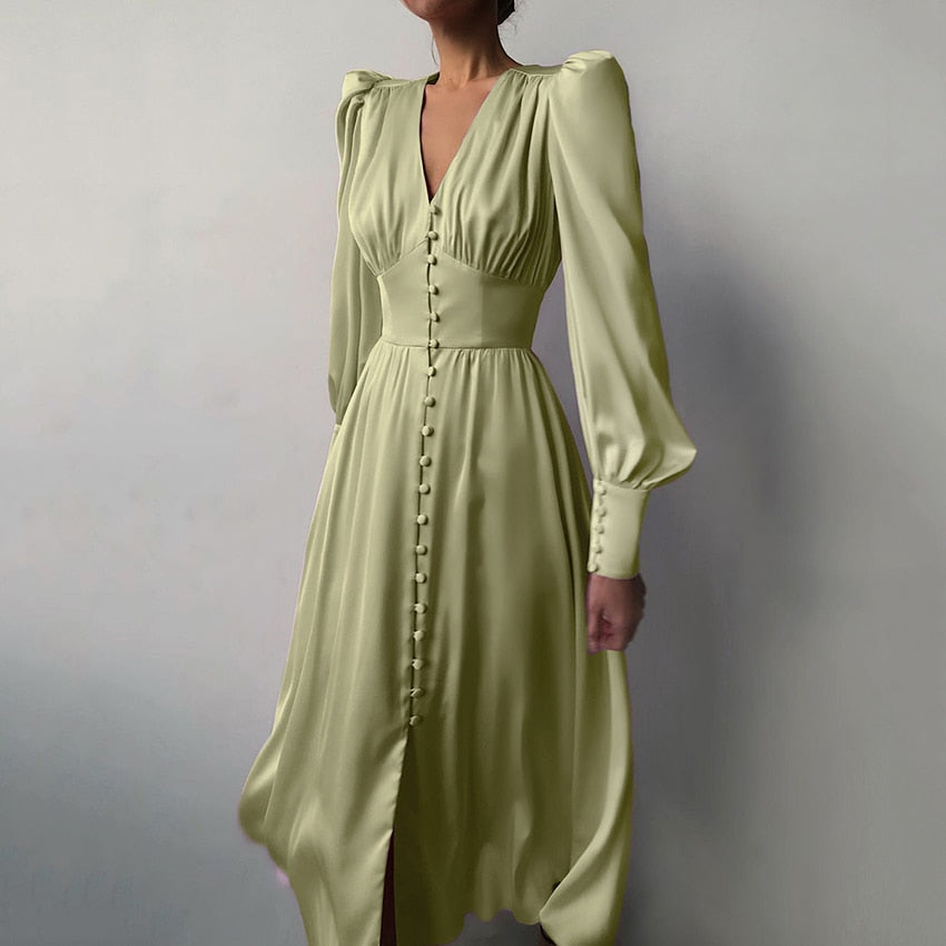 Single Breasted Dress High Waist Satin Long Dress V Neck Women Midi Dresses Lantern Sleeve