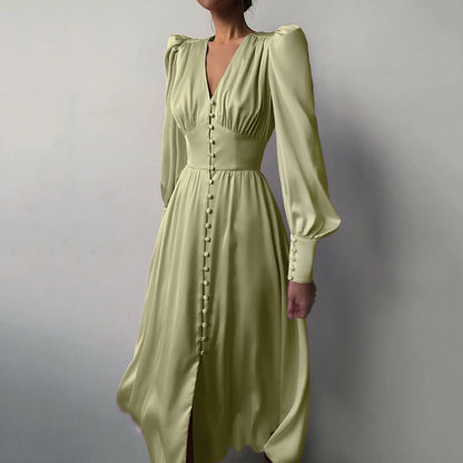 Single Breasted Dress High Waist Satin Long Dress V Neck Women Midi Dresses Lantern Sleeve