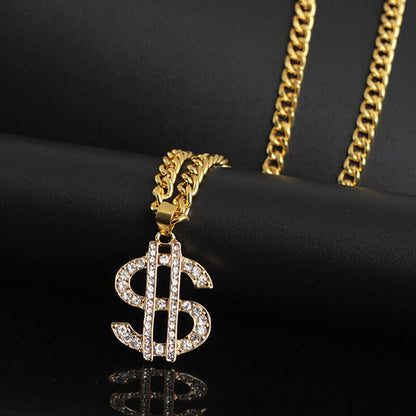Hip Hop Rap Gold Color US Dollar Pendant Necklace Chain Accessories