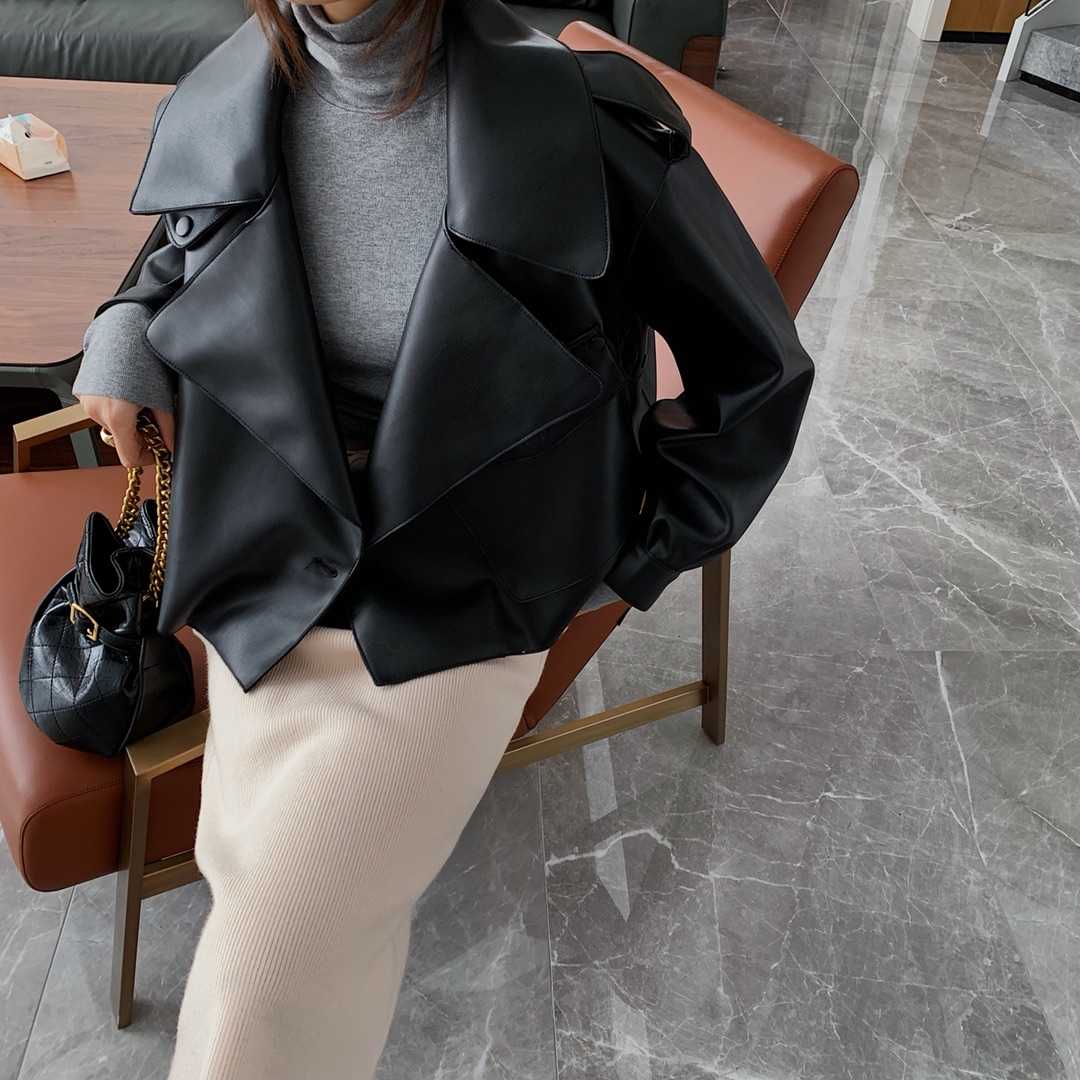 Women Pu Motorcycle Biker Faux Leather Jacket Turndown Collar Loose Punk Outerwear