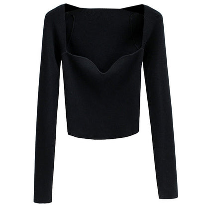 French Vintage Square Neck Knitted Tops Women Skinny Long Sleeve Pullover T-shirts Female