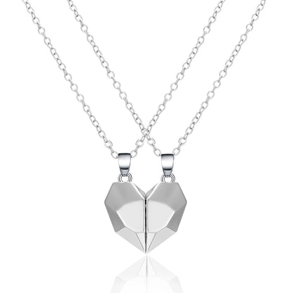 2Pcs Punk Heart Pendant Couple Necklace Lover Distance Faceted Magnetic Necklace