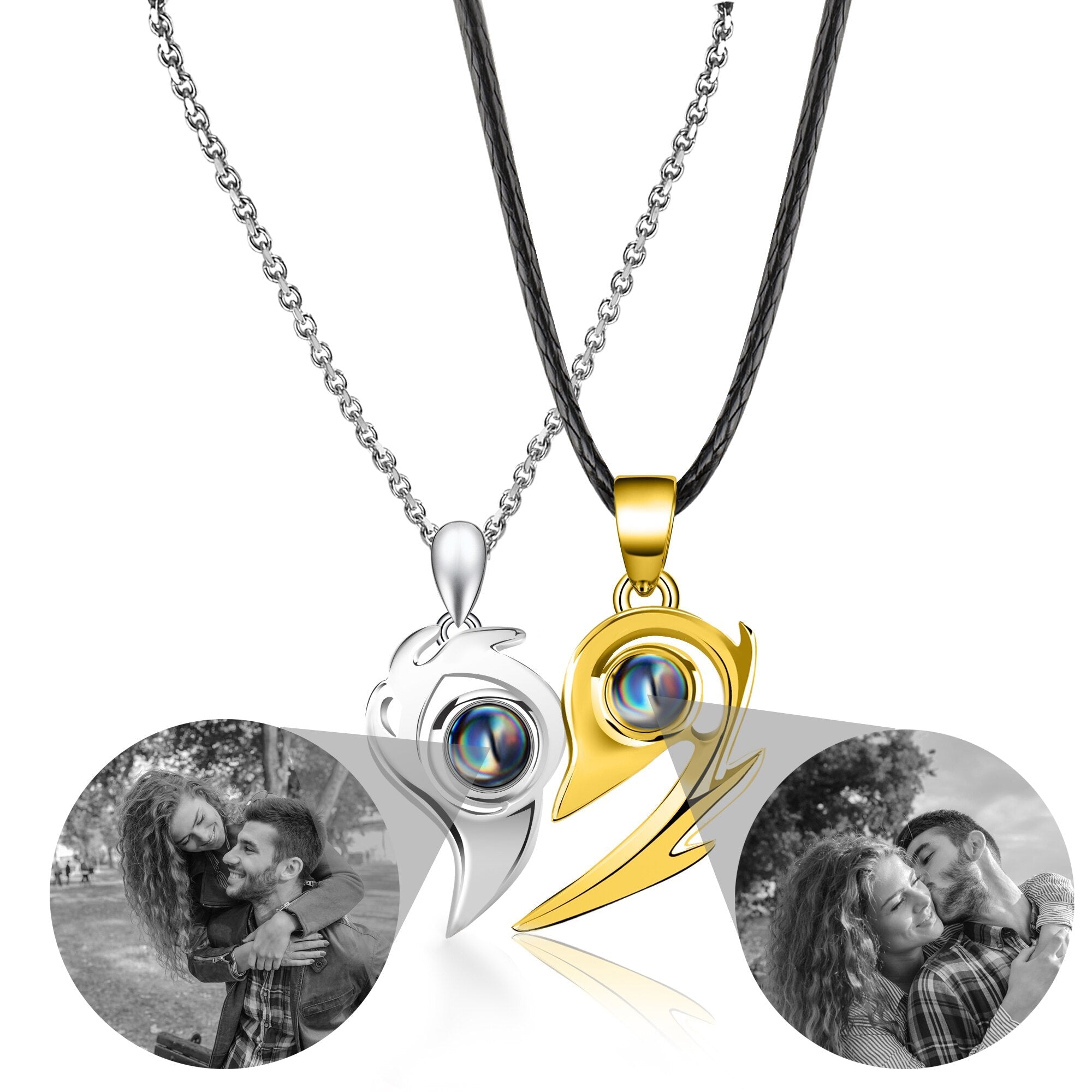 Flame Heart Shaped Custom Photo Projection Couples Necklaces