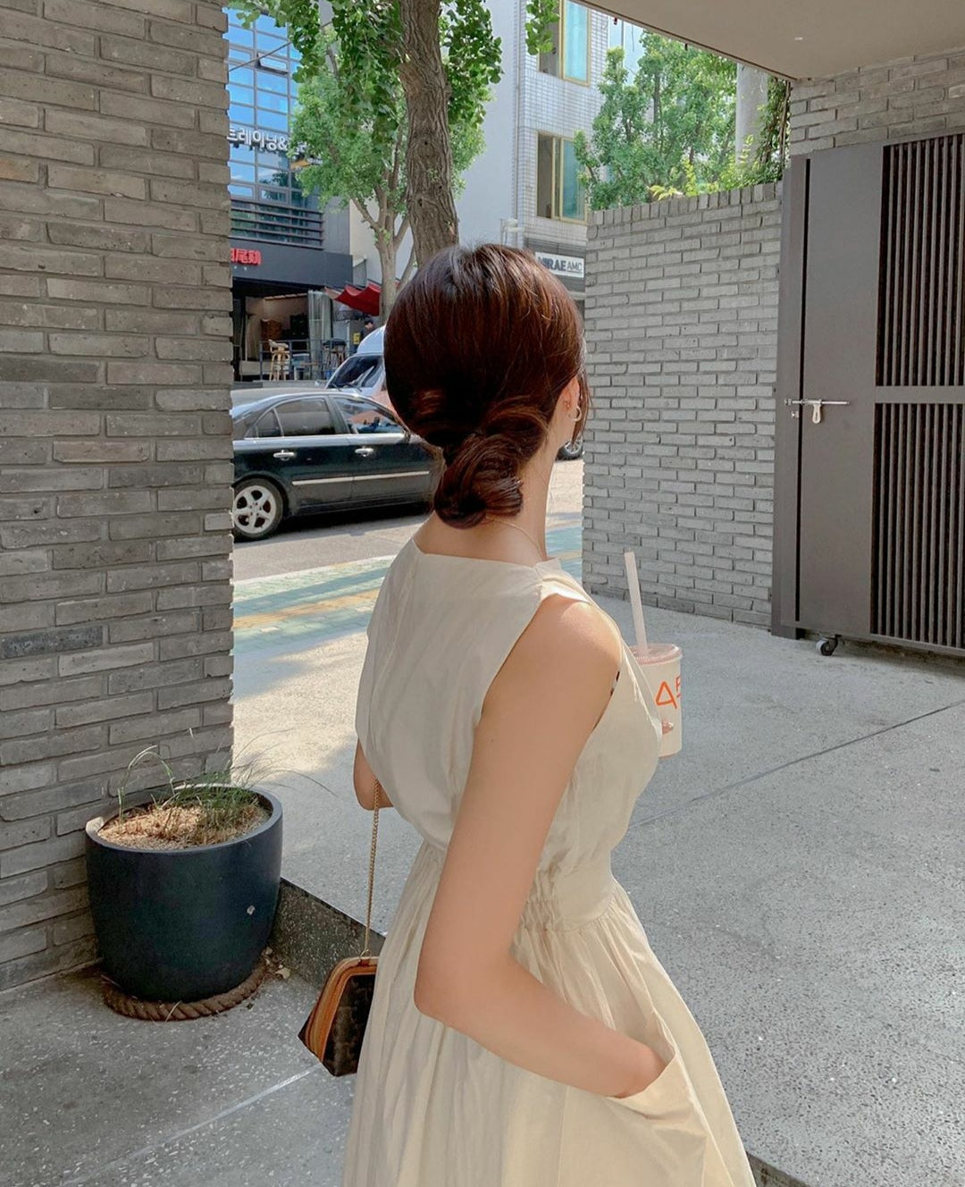 Slash Neck Sleeveless Zipper Long Tank Dress Elastic Folds-Waist A-line Dresses with Big Pockets