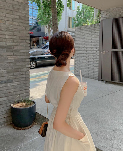 Slash Neck Sleeveless Zipper Long Tank Dress Elastic Folds-Waist A-line Dresses with Big Pockets