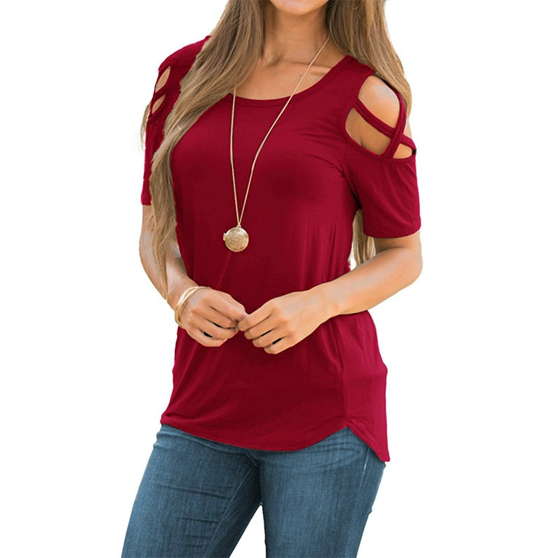 Solid Short Sleeve T-shirts Women Casual Off the Shoulder Tees Tops Female Basic Tshirts