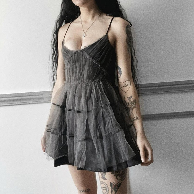 Dark Gothic Harajuku Dress Women Vintage Mesh Patchwork Lace Up High Waist Dress
