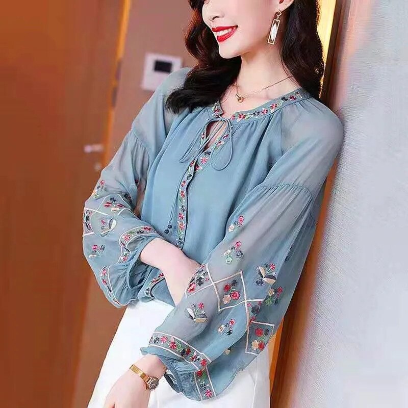 Chiffon Embroidery Blouse Long Lantern Sleeve Loose Top Casual Wear Oversize Casual Wear