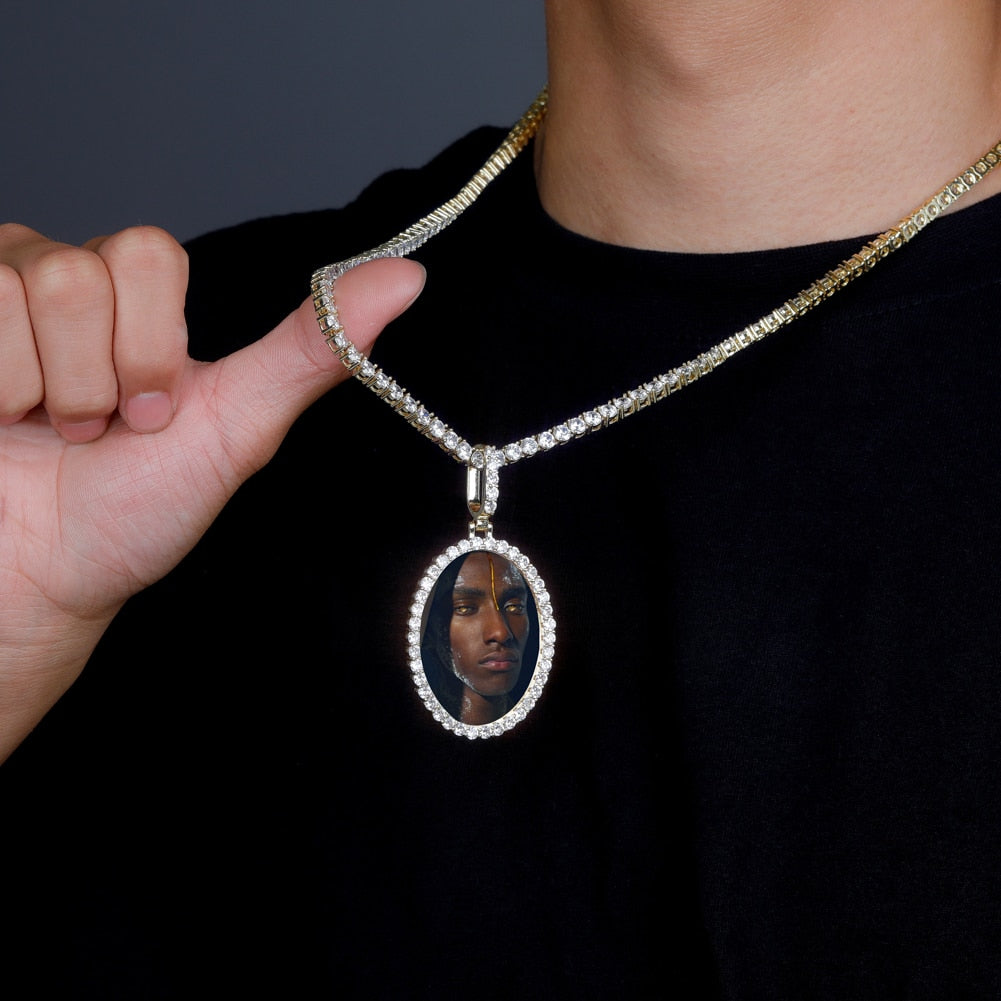 Custom Photo Pendant Oval Medal Pendant Ice Zircon Pendant Necklace Fashion Hip Hop Jewelry