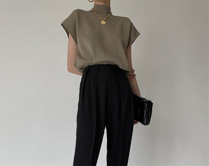 French Turtleneck Knitted Women Spring Summer Design Loose Short Sleeve Cropped Tops Female