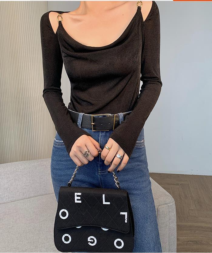 Sexy Swing Collar Cropped Tops Women Autumn  Metal Design Skinny Long Sleeve T-Shirt Outwear