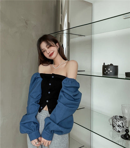 Patchwork Denim Shirts Women French Square Collar Puff Blouses Long Sleeve Crop Tops