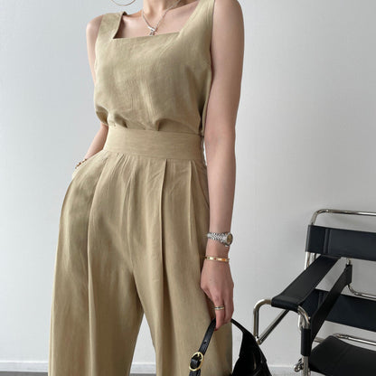 Office Ladies 2-Piece Women Square Neck Loose Vest Top + High Waist Pleated Wide Leg Pants