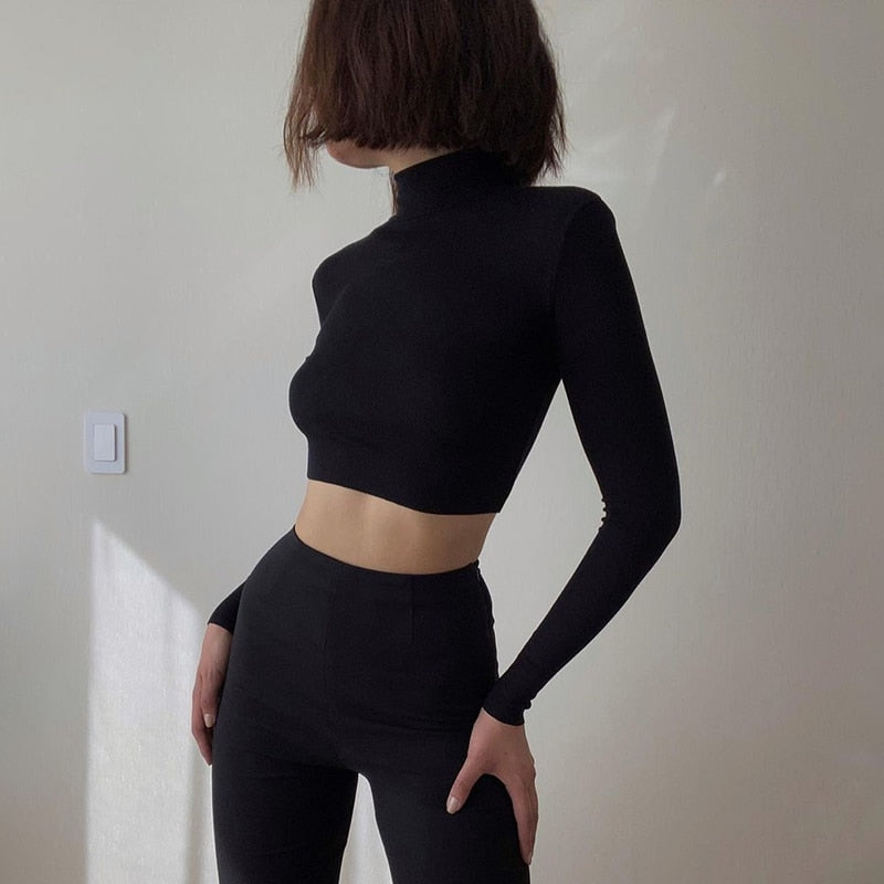 Solid Turtleneck Cropped T Shirt Women Autumn Casual Long Sleeve Ladies Skinny Basic