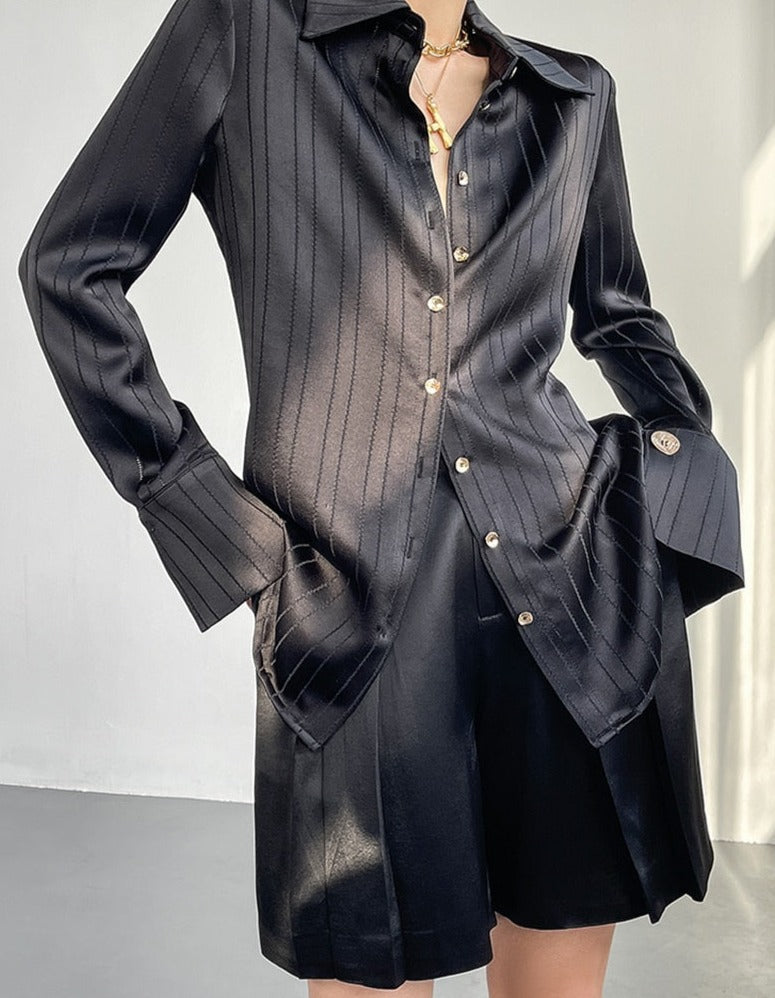 Striped Shirts Spring Long Sleeve Single-breasted Female Satin Blouses
