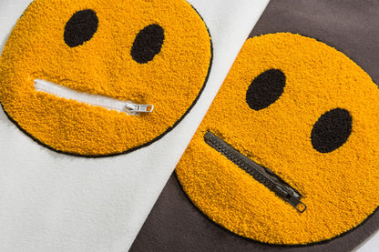 Zipper Pocket Smile Face Patchwork Fleece Hoodies Sweatshirts Streetwear