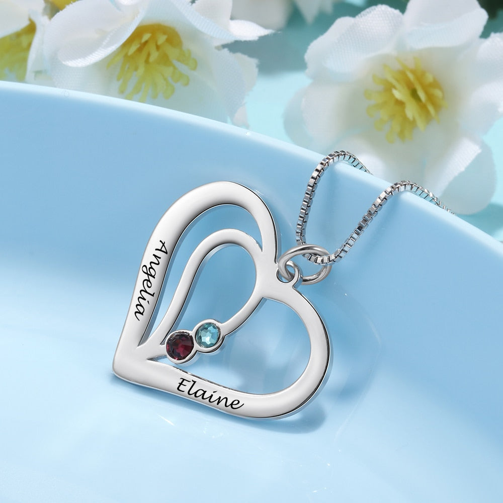 Personalized Birthstone Engraved Name Heart Necklaces &amp; Pendants