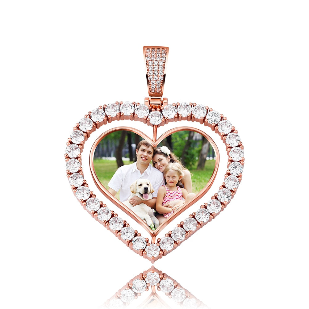 Heart Shaped Custom Photo Spin Double Sided Medallion Pendant Necklace Hip Hop Jewelry