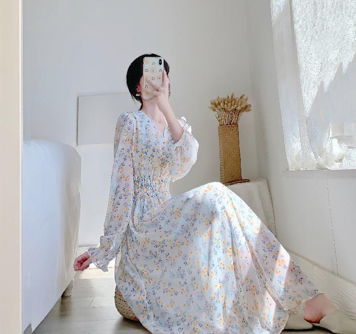 V-neck Chiffon Floral Dress Women Spring Summer Fairy Long Dresses Female