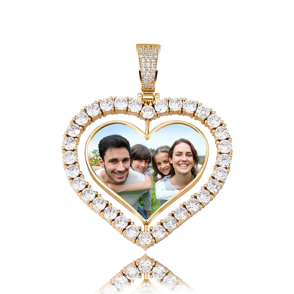 Heart Shaped Custom Photo Spin Double Sided Medallion Pendant Necklace Hip Hop Jewelry