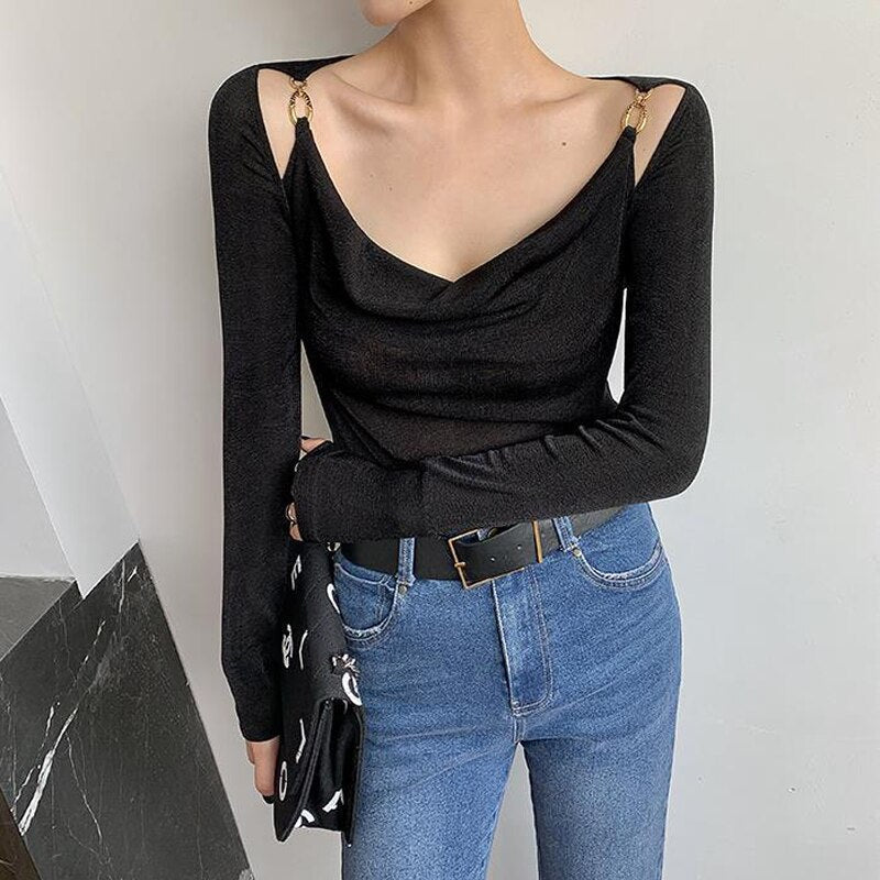 Sexy Swing Collar Cropped Tops Women Autumn  Metal Design Skinny Long Sleeve T-Shirt Outwear