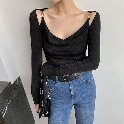 Sexy Swing Collar Cropped Tops Women Autumn  Metal Design Skinny Long Sleeve T-Shirt Outwear