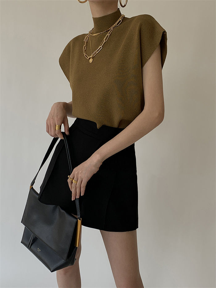 French Turtleneck Knitted Women Spring Summer Design Loose Short Sleeve Cropped Tops Female